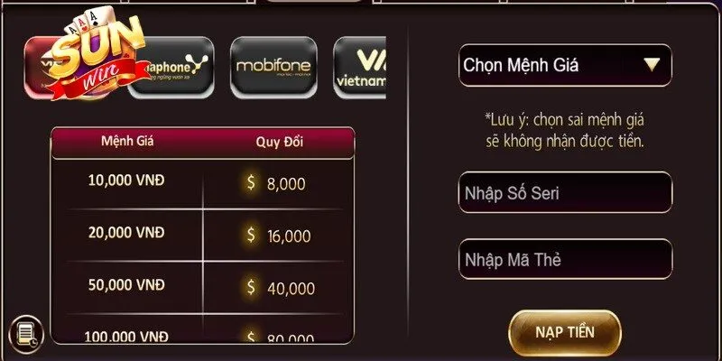 Nạp Tiền Sunwin - Quy Trình Chuẩn Xác, Thanh Toán Siêu Tốc 11 Sunwin Nạp tiền vào ví Sunwin miễn phí bằng các loại thẻ cào an toàn